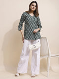 bottle green botanical print short kurti front
