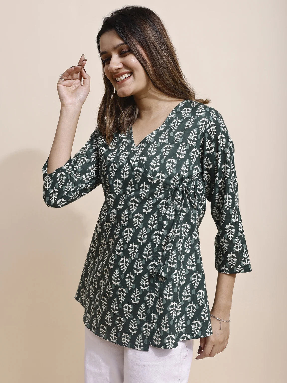 bottle green kurti angrakha tie up detail