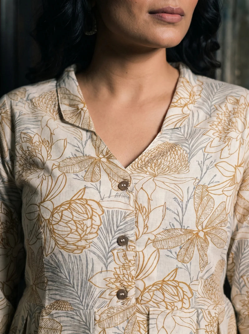 chikoo floral peplum top lapel collar button detail