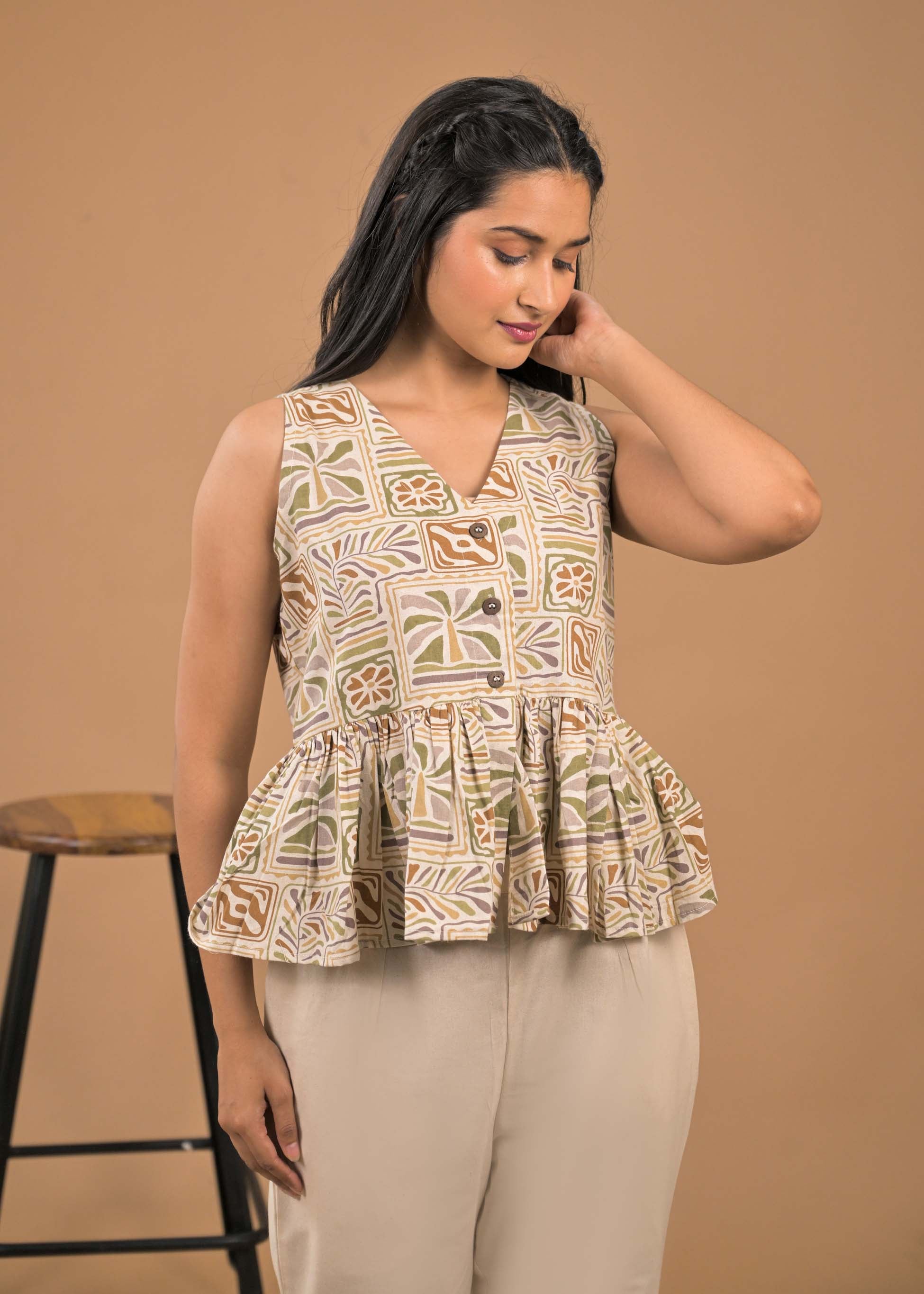 Pure Cotton Mustard Floral Top and Bottom Set Close Up