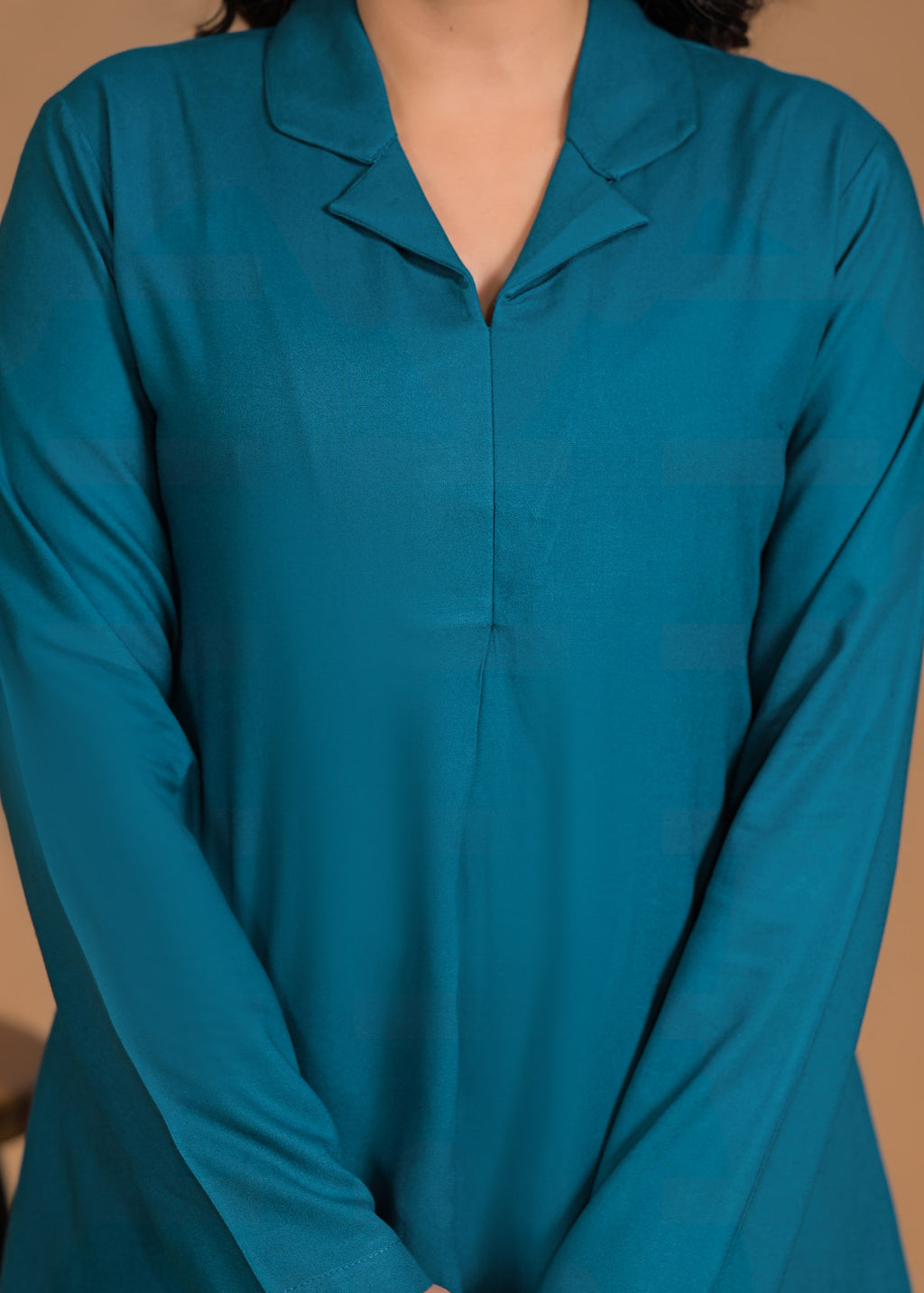 Rayon Teal Coord Set Neckline