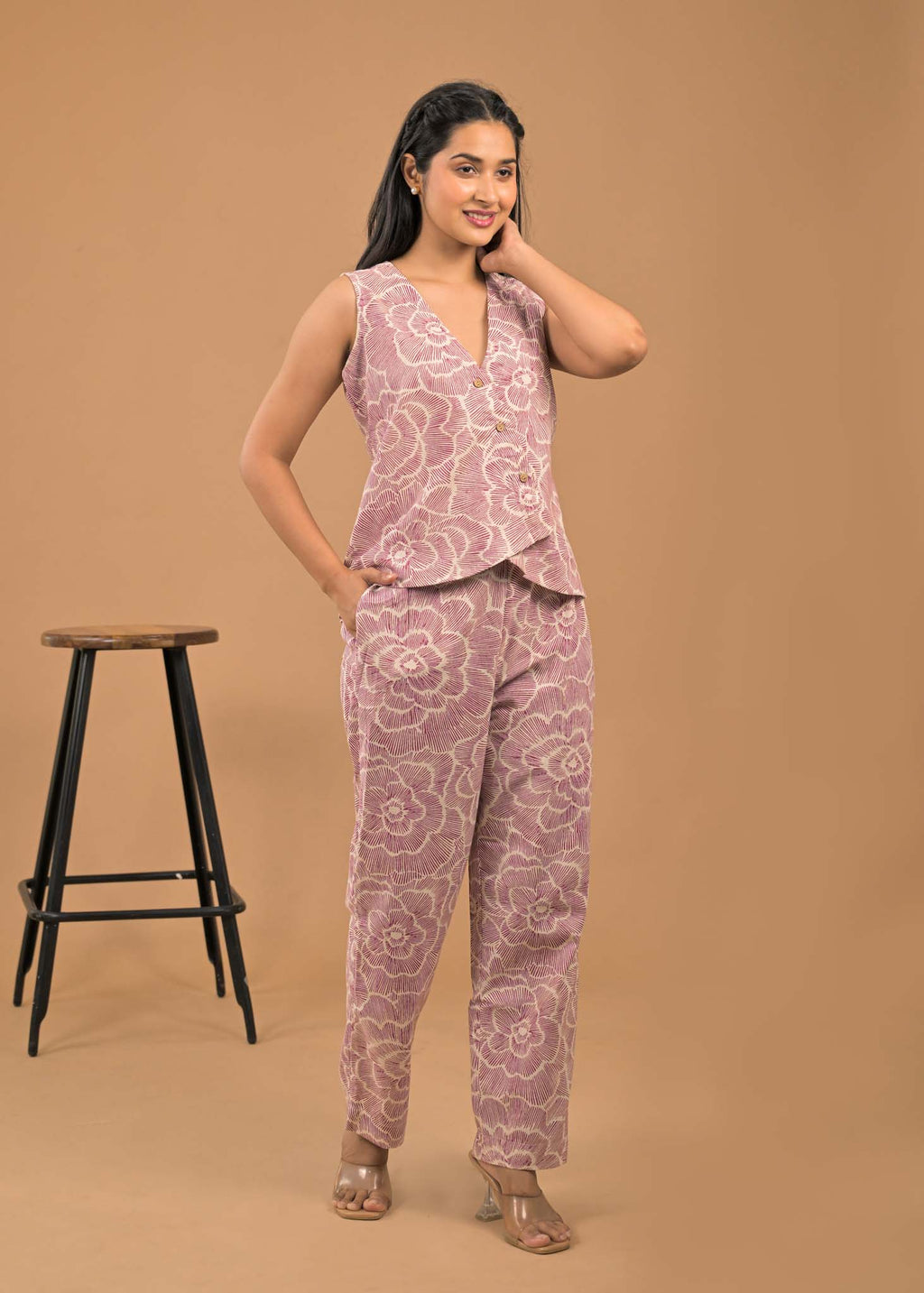 Pure Cotton Maroon Floral Co-ord Set Pocket