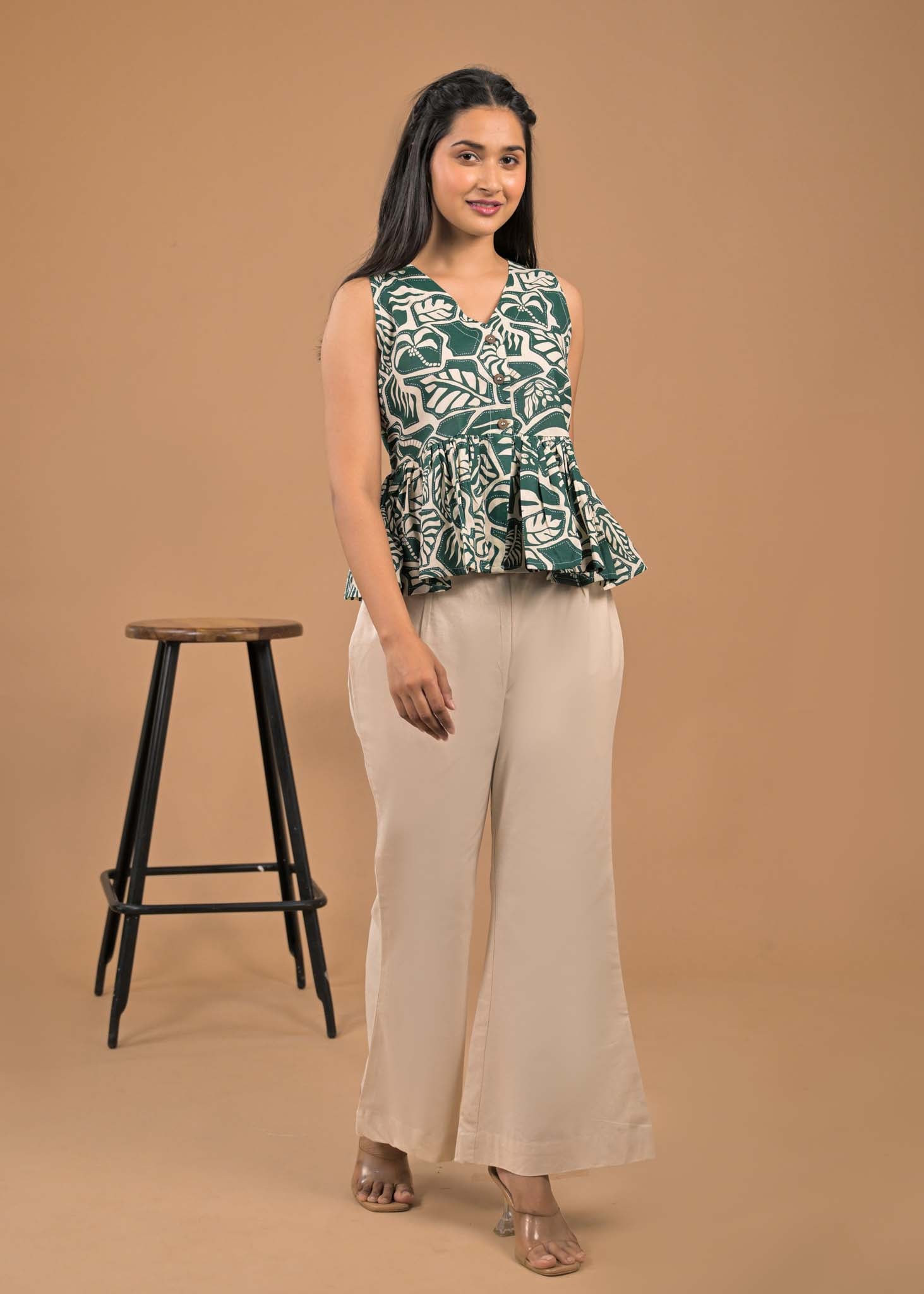 Casual Wear Green Top and Bottom Set Front