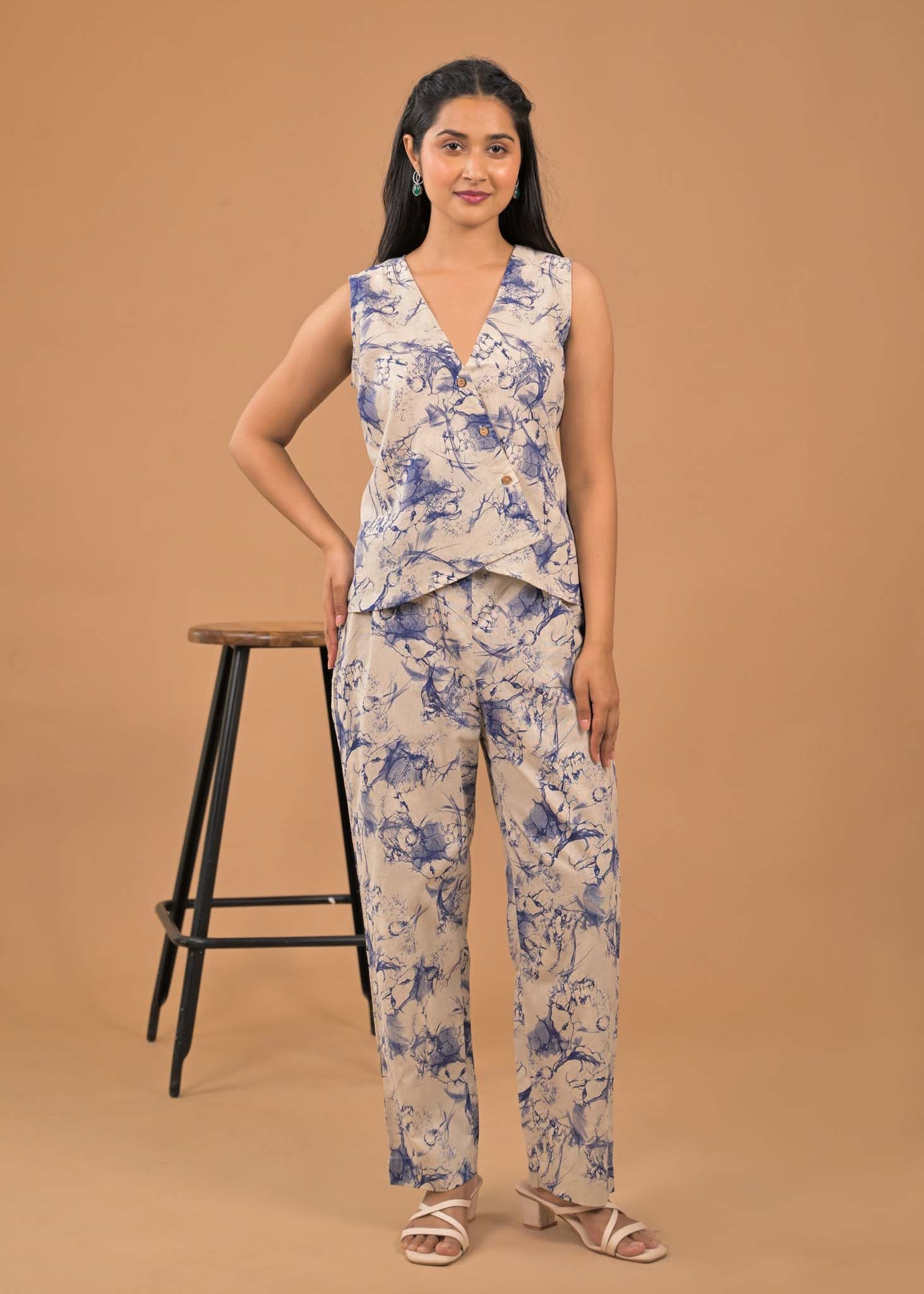 Pure Cotton Blue Abstract Print Co-ord Set Front