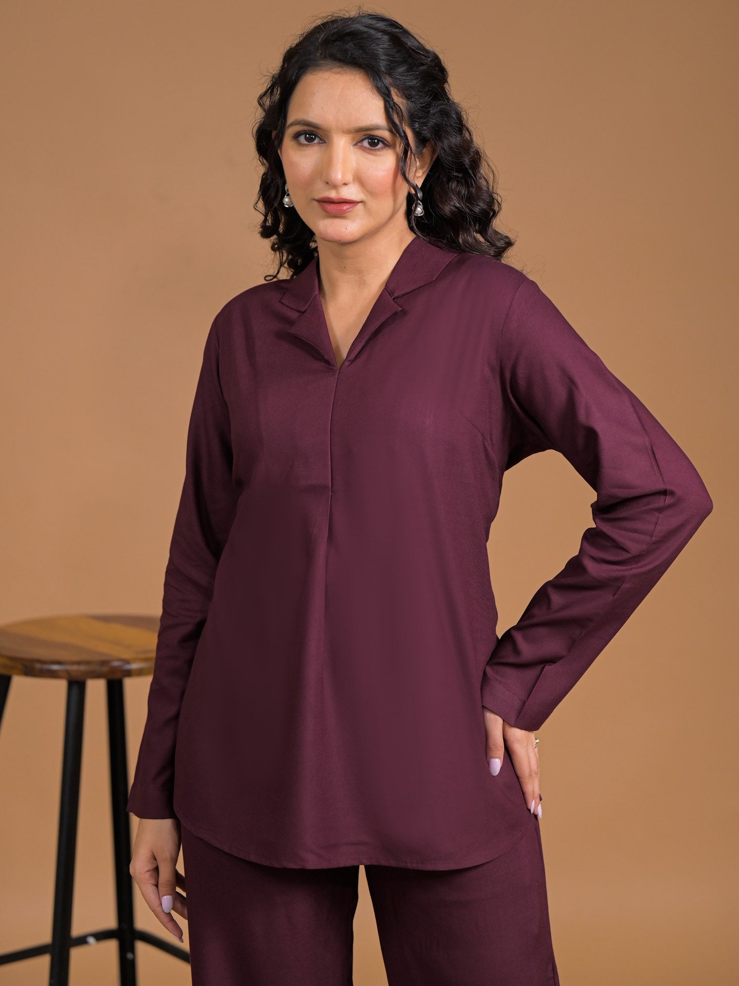 Rayon Maroon Coord Set Close Up