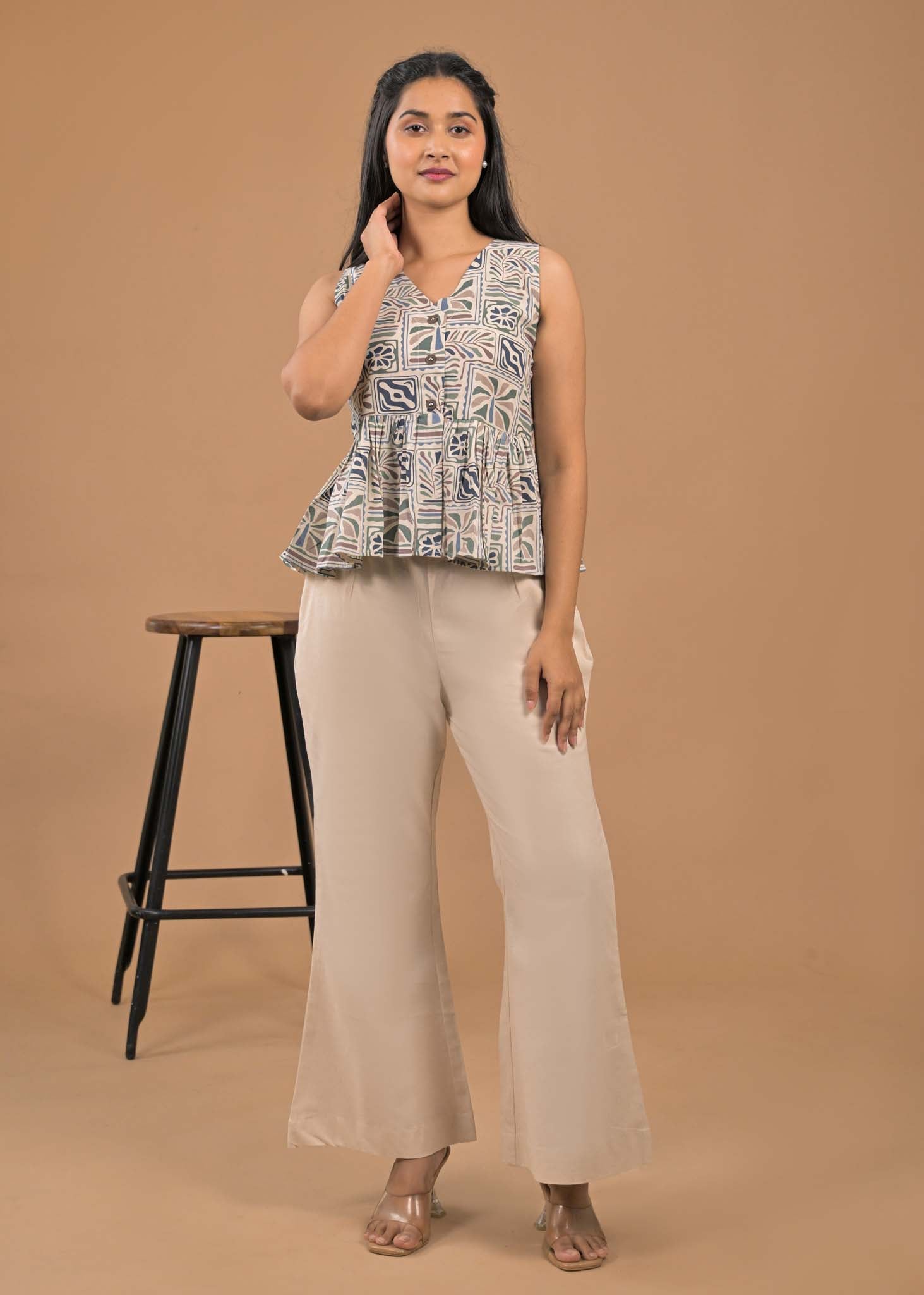 Regular Wear Grey Floral Top and Bottom Set Front