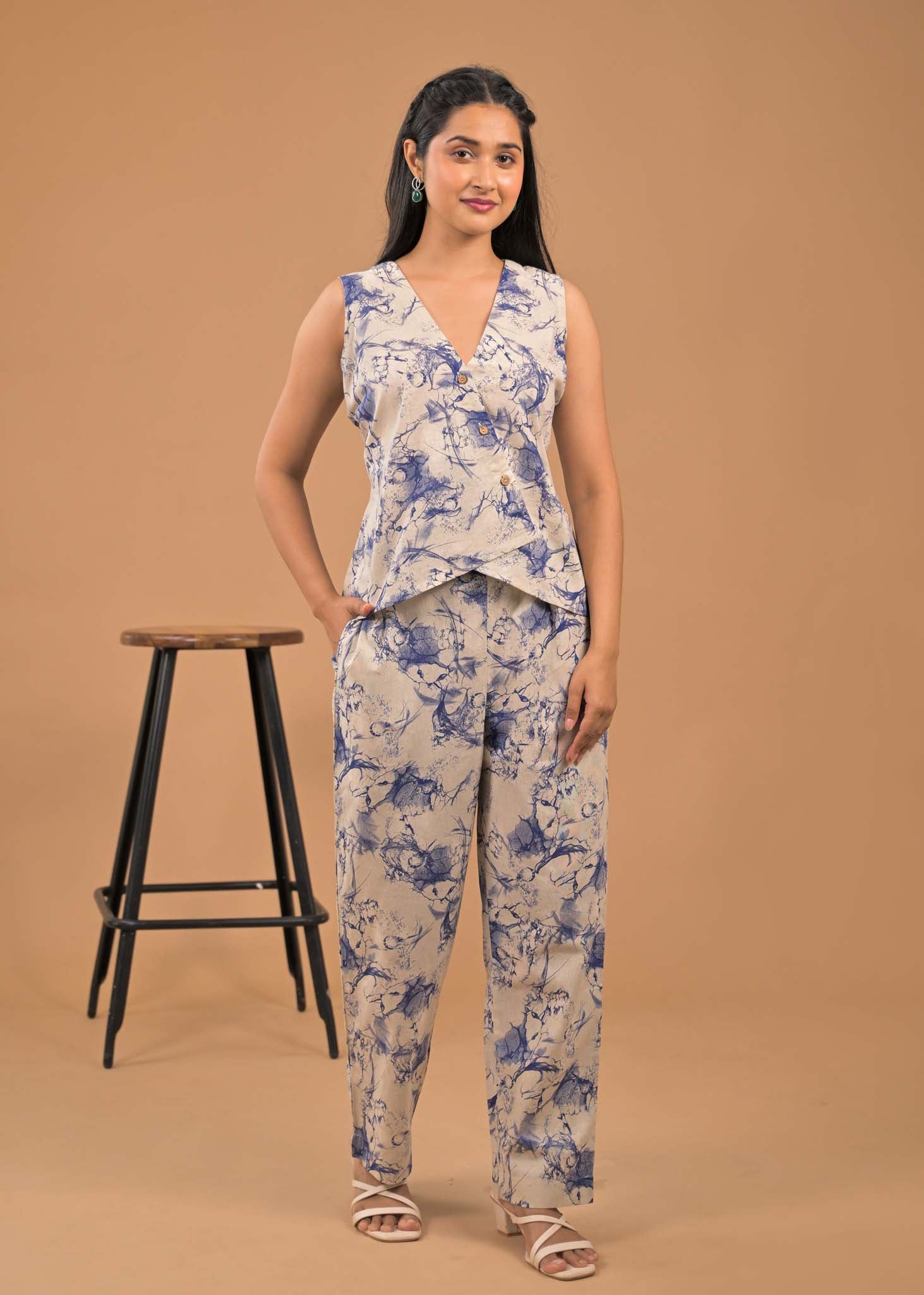 Pure Cotton Blue Abstract Print Co-ord Set Pocket