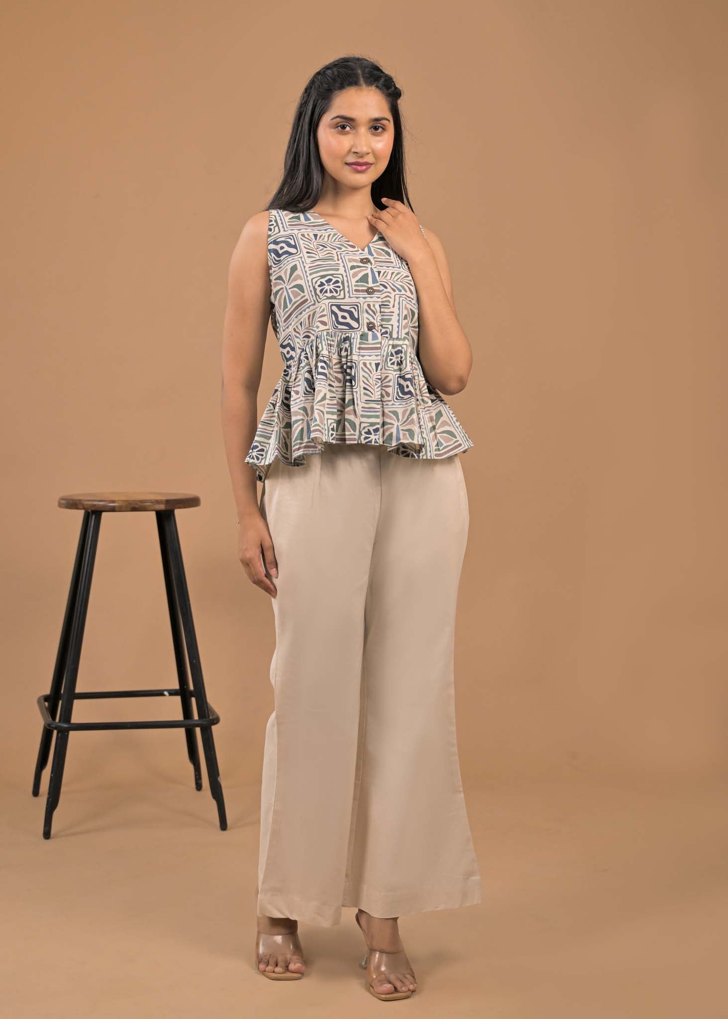 Pure Cotton Grey Floral Top and Bottom Set Front