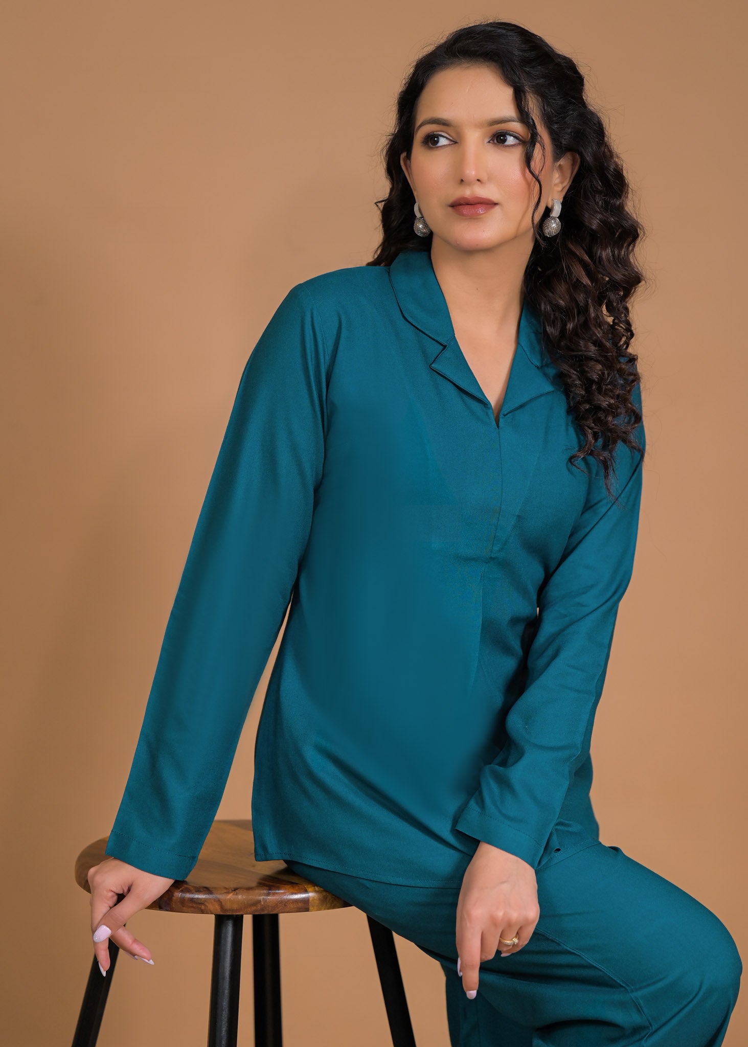 Rayon Teal Coord Set Close Up