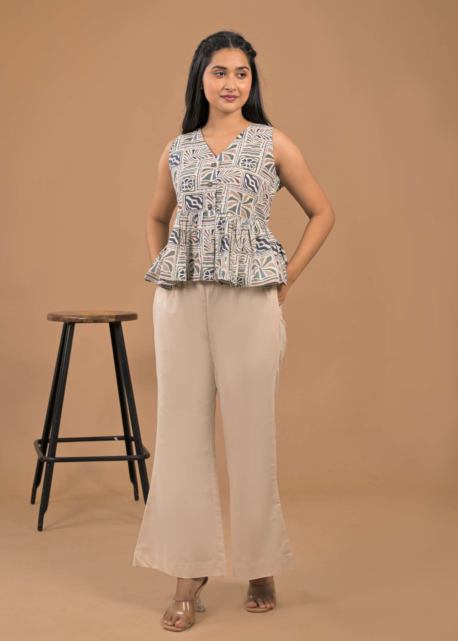 Pure Cotton Grey Floral Top and Bottom Set Pocket