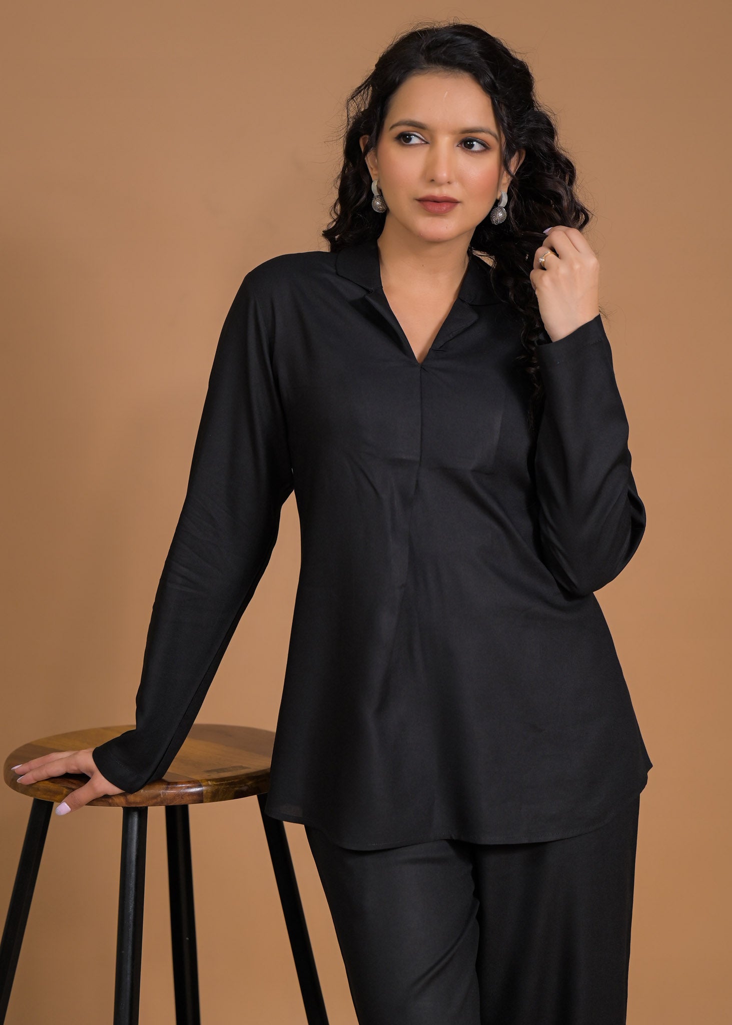 Pure Viscose Black Coord Set Close Up