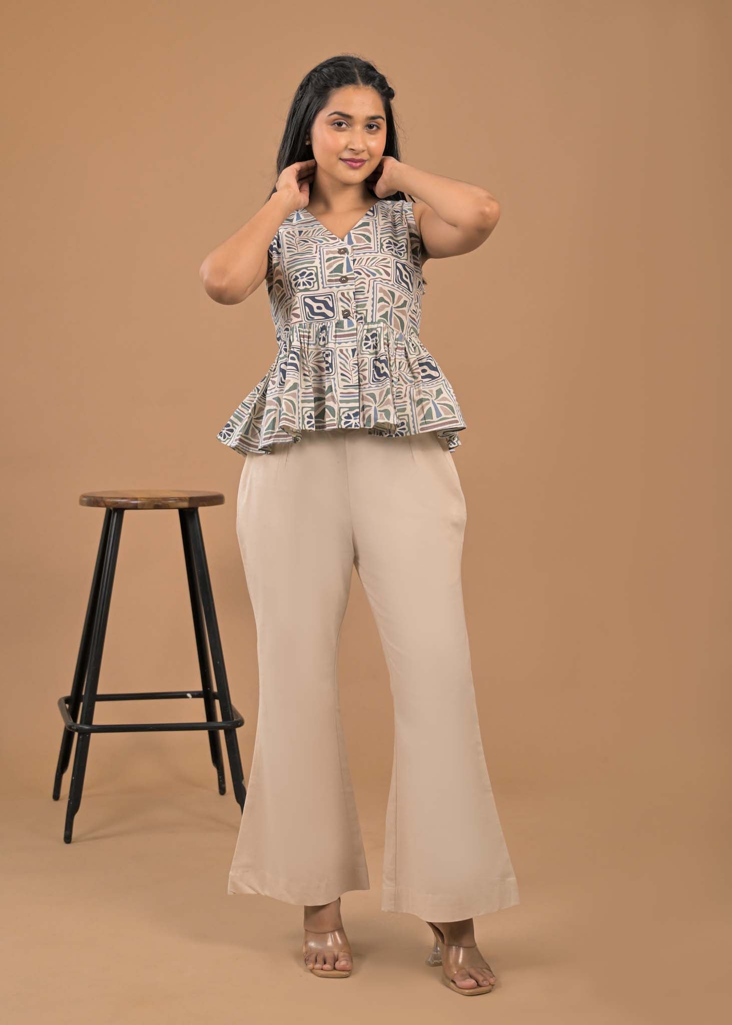 Casual Wear Grey Floral Top and Bottom Set Front