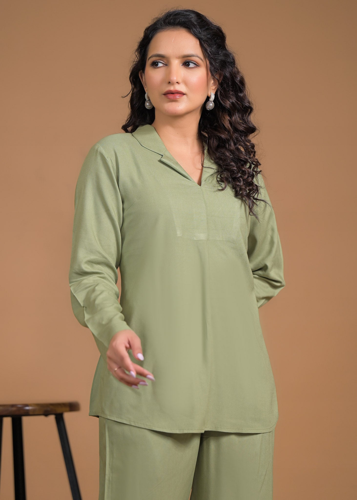 Pure Viscose Sage Green Coord Set Close Up