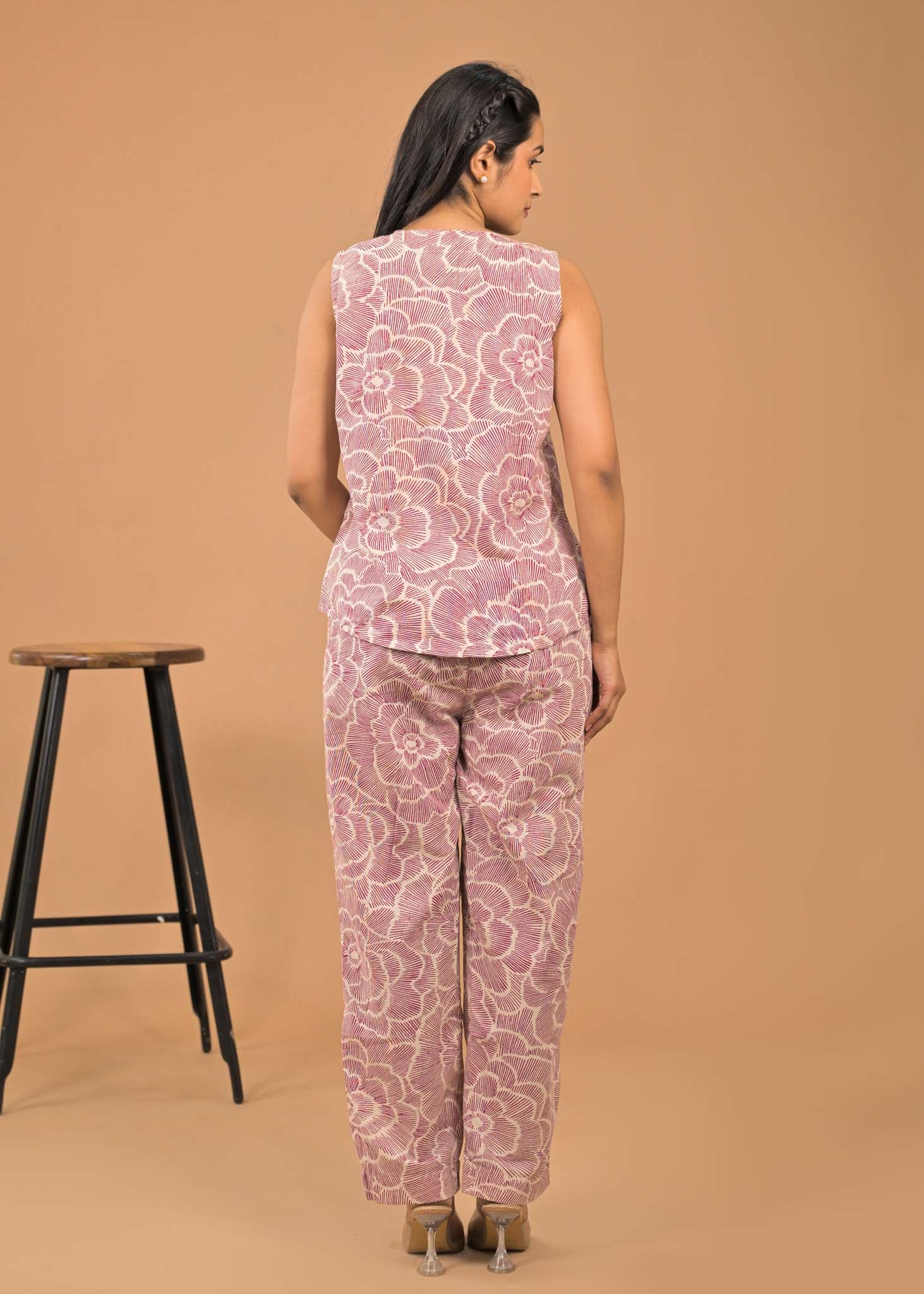 Pure Cotton Maroon Floral Co-ord Set Back