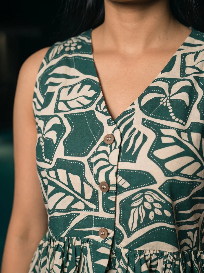green botanical peplum top v neck button detail