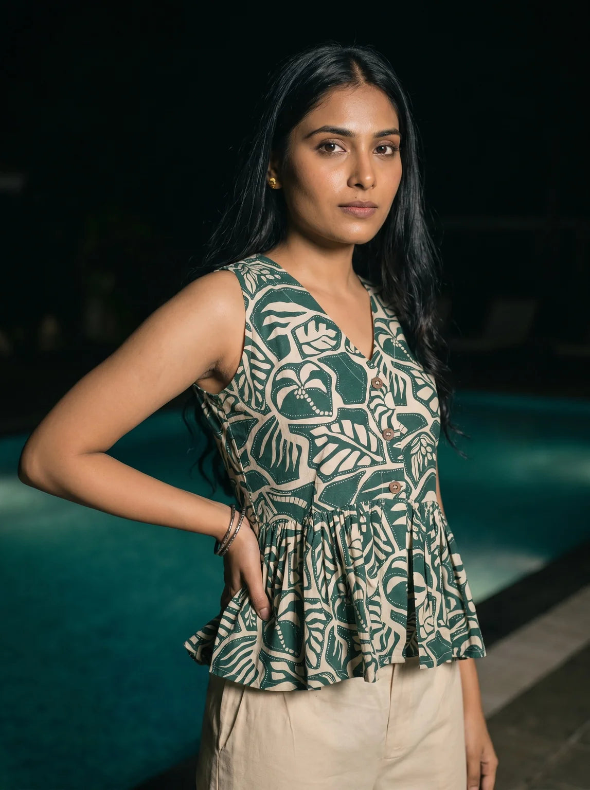 green botanical print peplum co ord set three quarter