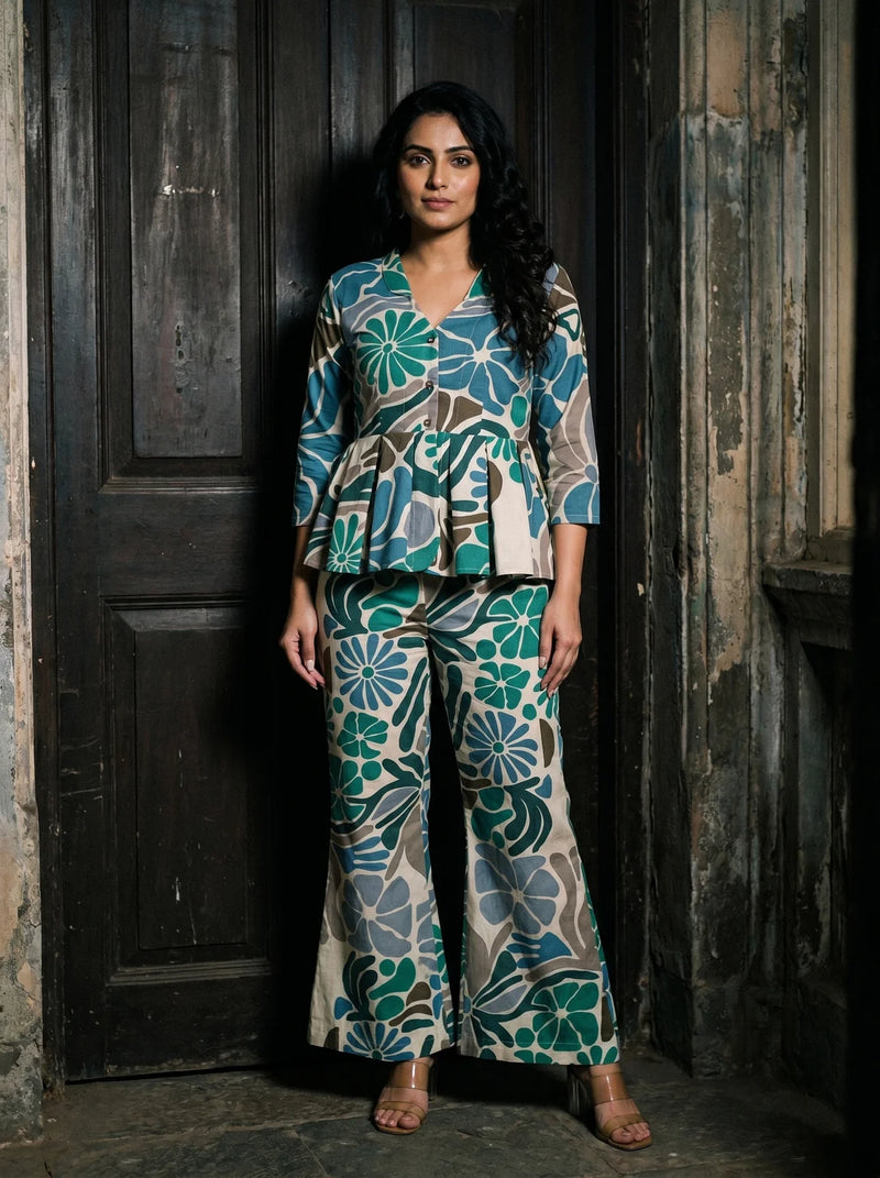 green floral peplum co ord set front full