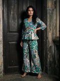 green floral peplum co ord set front relaxed