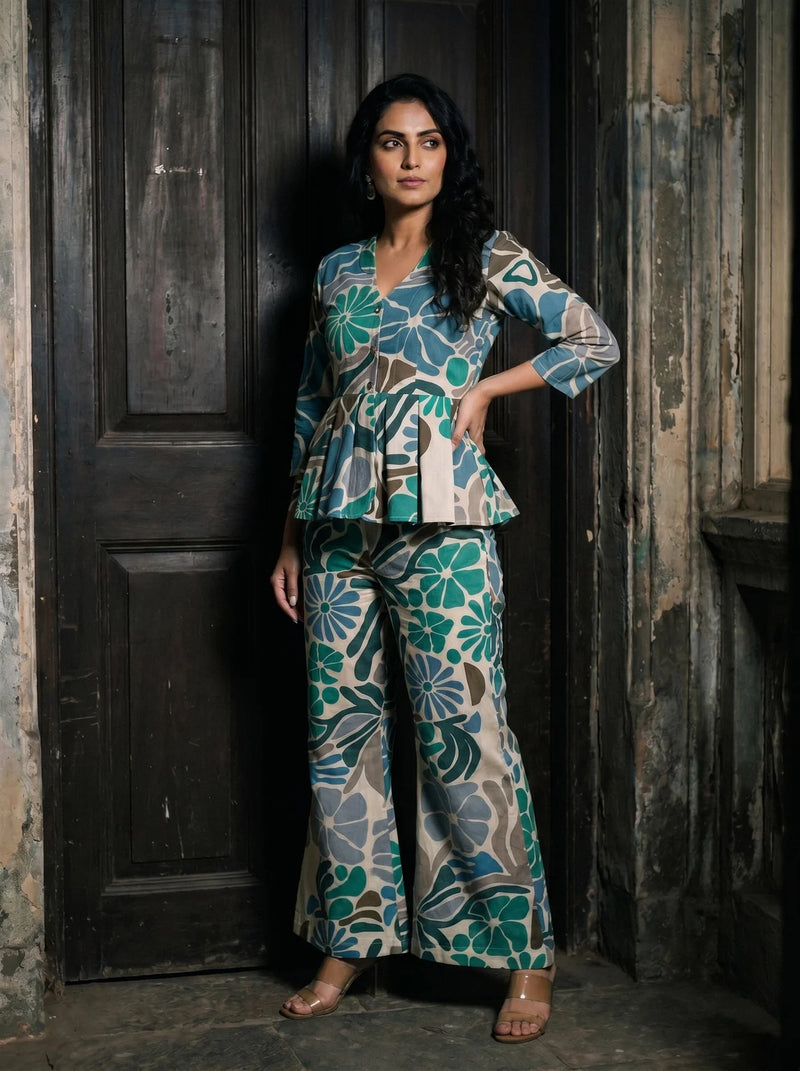 green floral peplum co ord set front relaxed