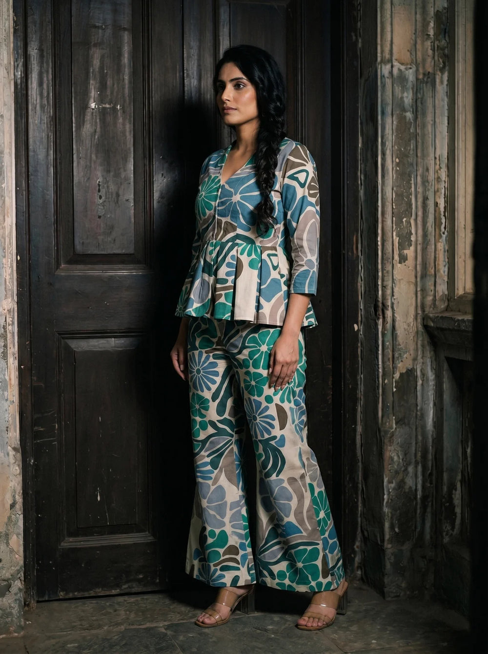 green floral peplum co ord set three quarter