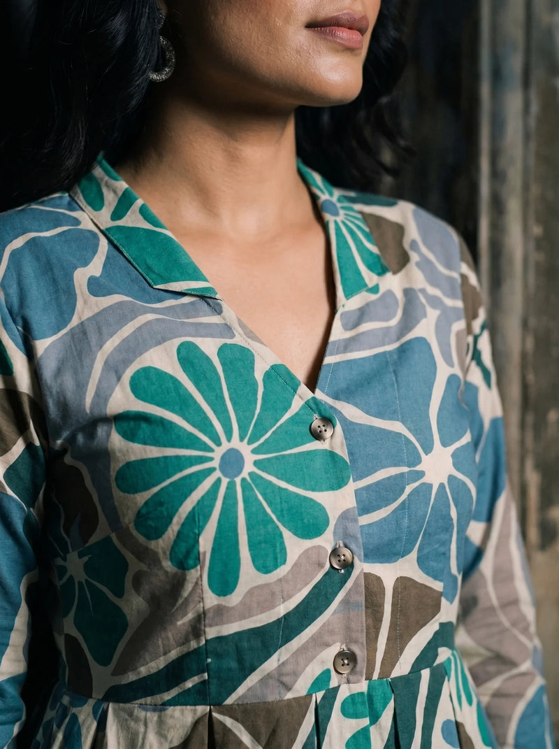 green floral peplum top lapel collar button detail