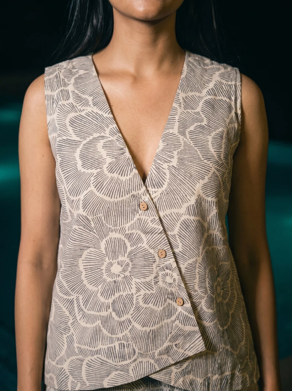 grey floral co ord set v neck button detail