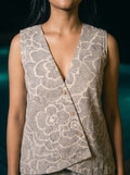 grey floral co ord set v neck button detail