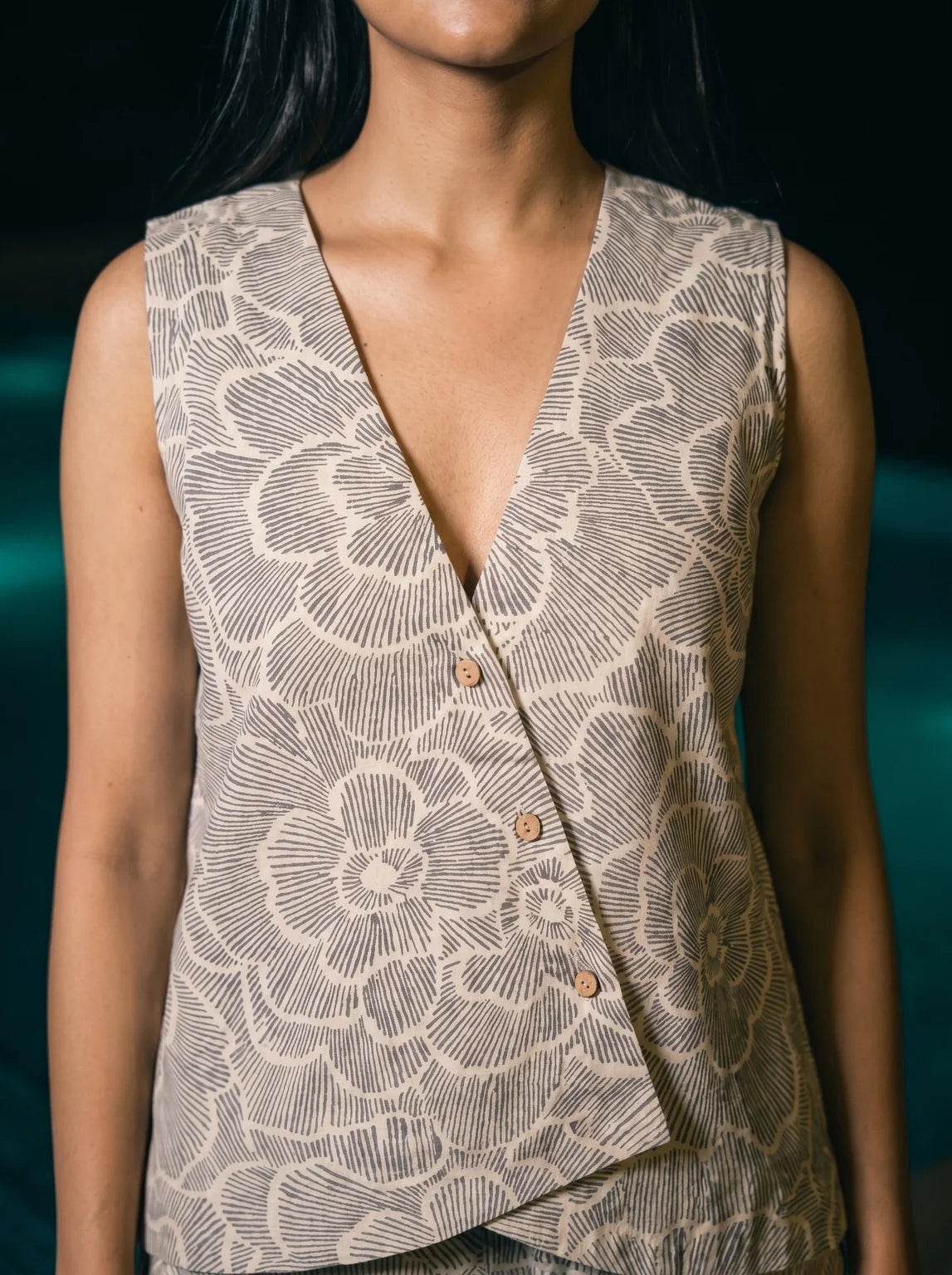 grey floral co ord set v neck button detail