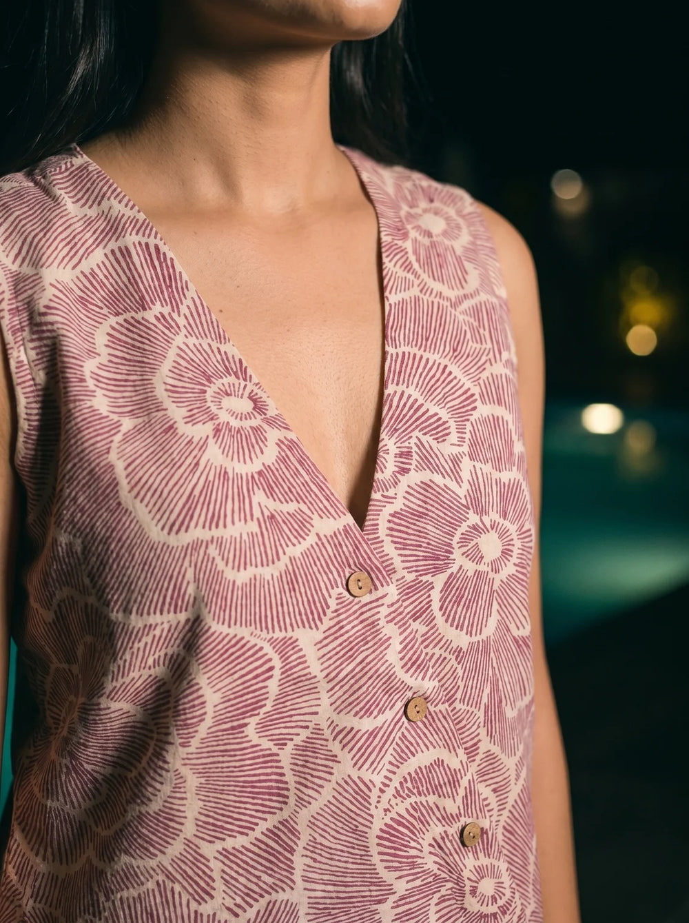 maroon floral co ord set v neck button detail