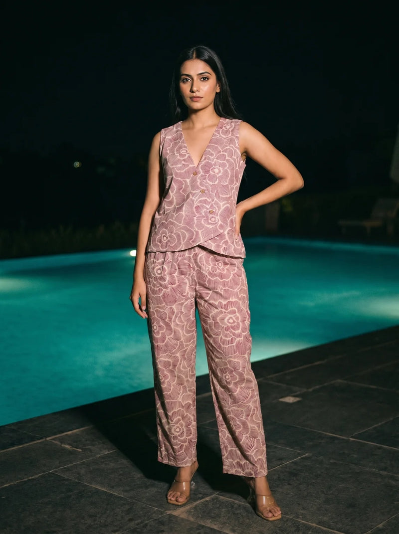 maroon floral line art co ord set front full