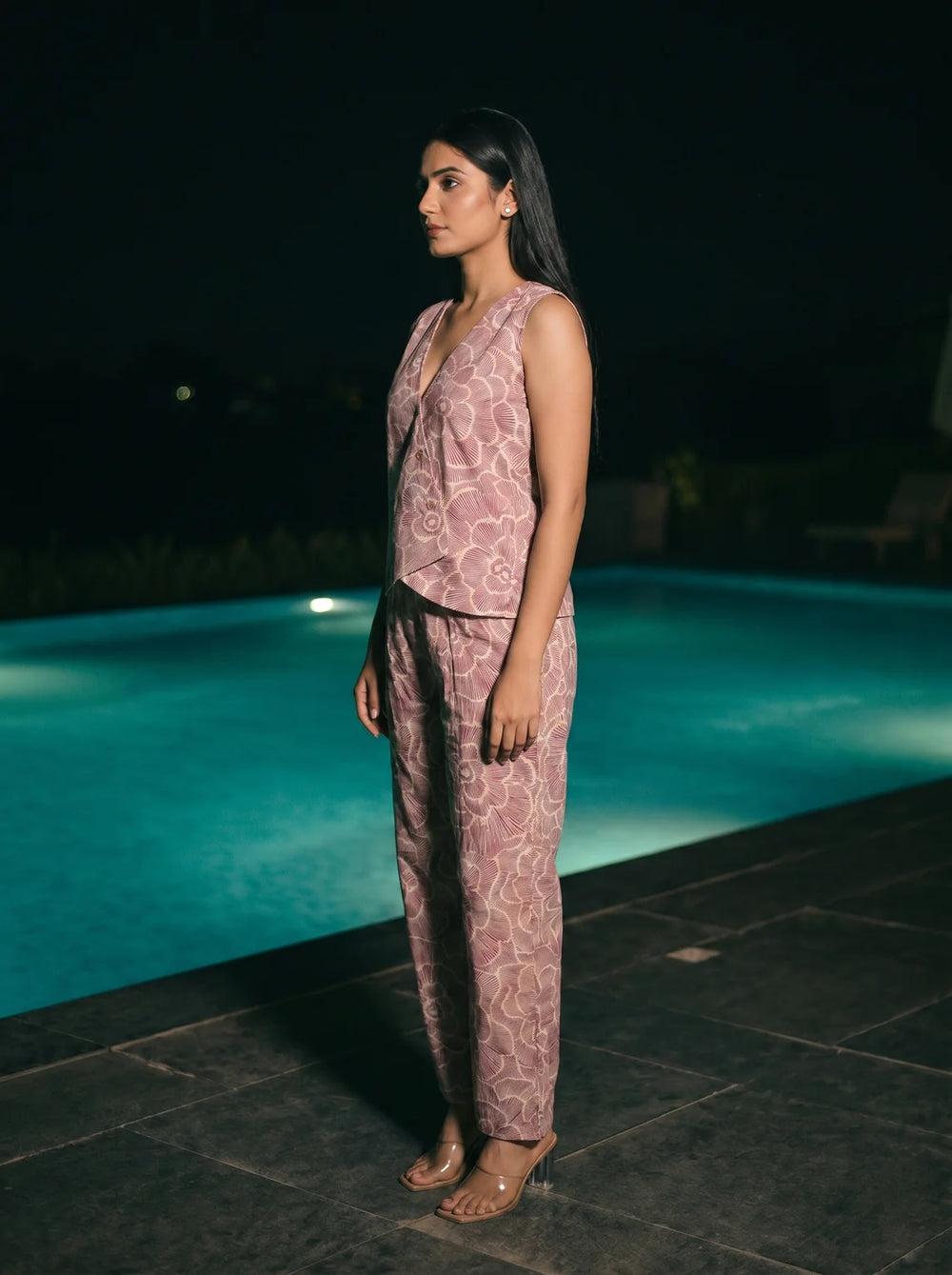 maroon floral line art co ord set side