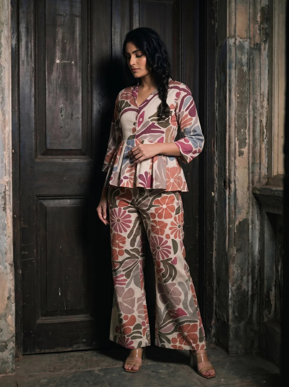 maroon floral peplum co ord set front relaxed
