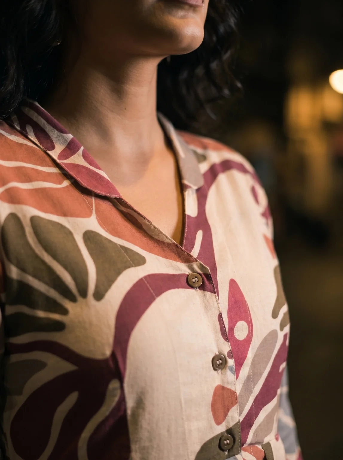 maroon floral peplum top lapel collar button detail