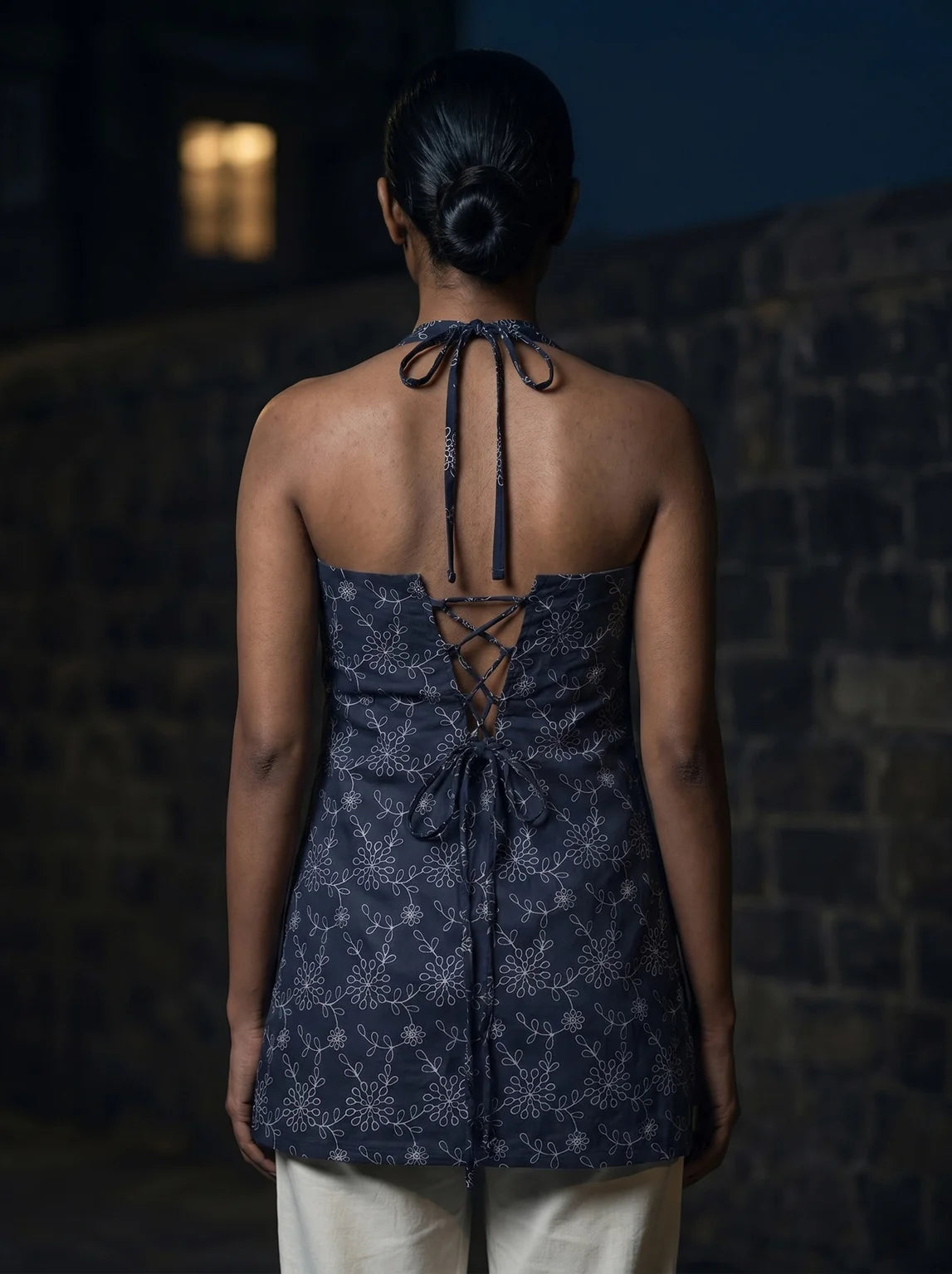 midnight blue floral print halter kurti lace up back