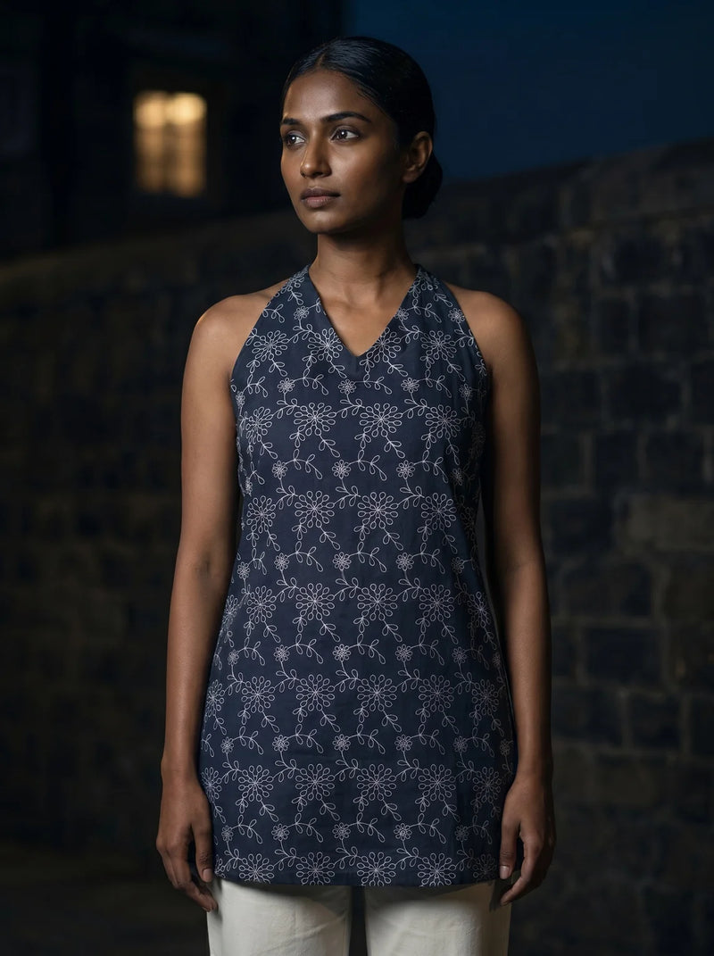 midnight blue floral print kurti angled view