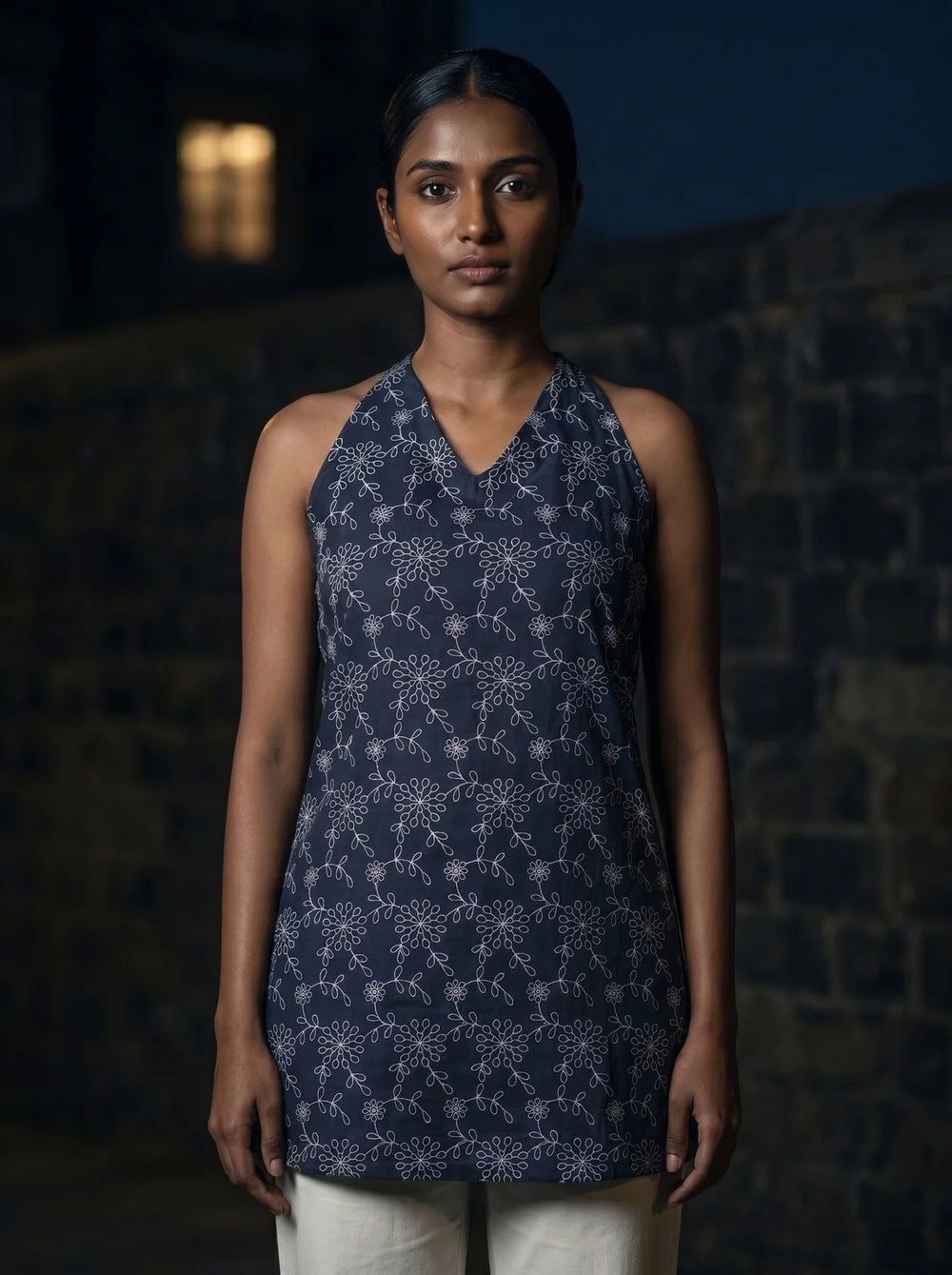 midnight blue floral print kurti front