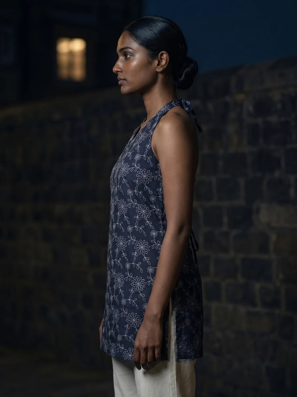 midnight blue floral print kurti side view
