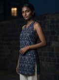 midnight blue floral print kurti standing pose