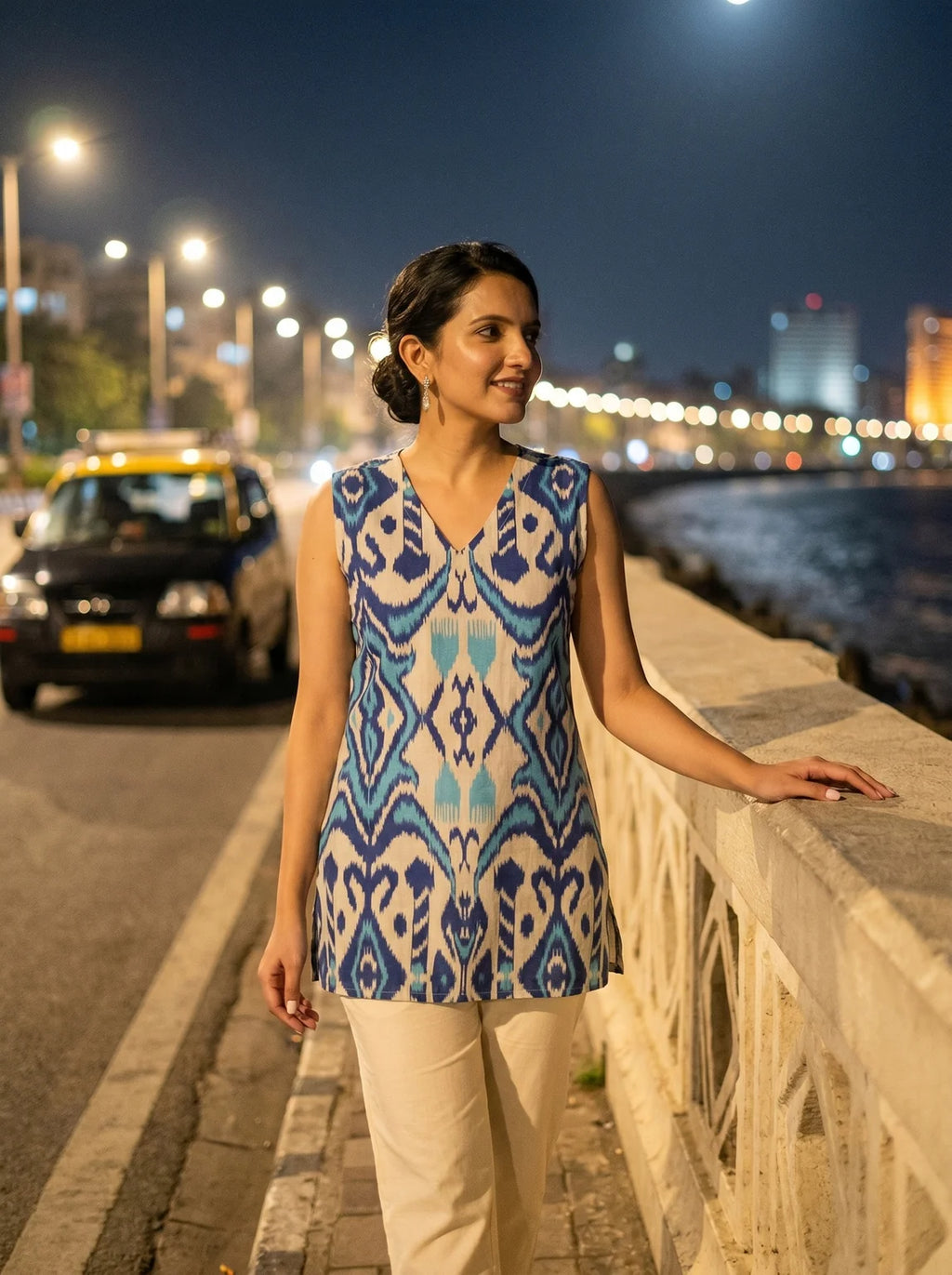 model in indigo ikat tunic lifestyle two