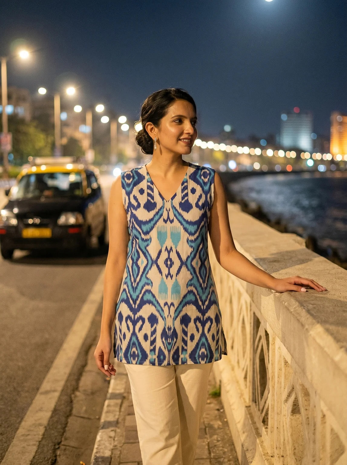 model in indigo ikat tunic lifestyle two