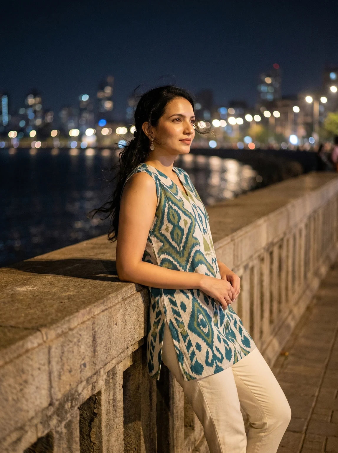 model in rama green ikat tunic lifestyle