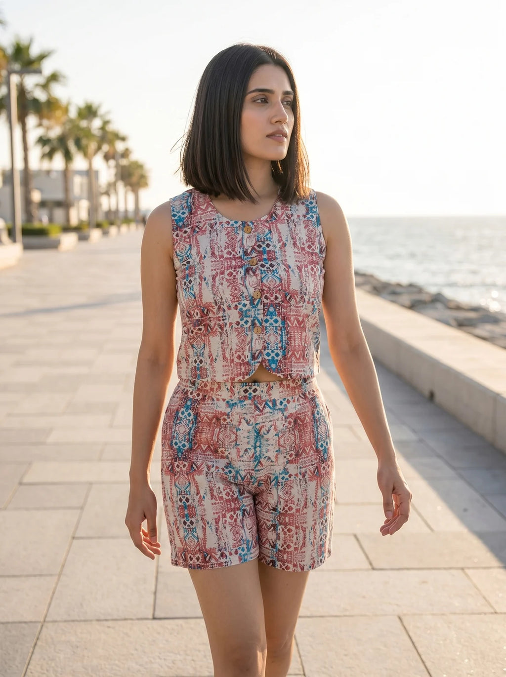 model in red and blue printed co-ord set walking seaside golden hour