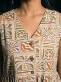 mustard tropical tile print peplum top v neck button detail