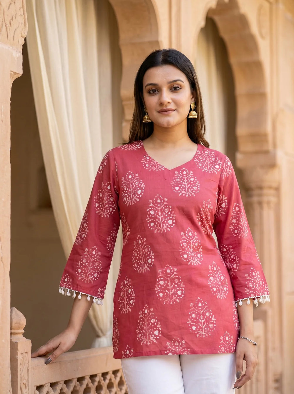 pink botanical print kurti heritage courtyard look