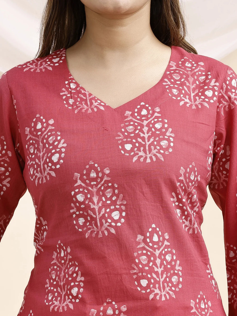 pink botanical print kurti v neckline