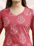 pink botanical print kurti v neckline