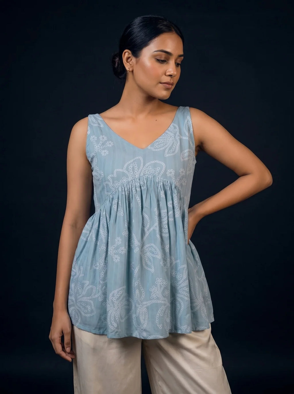 powder blue schiffli top secondary front view