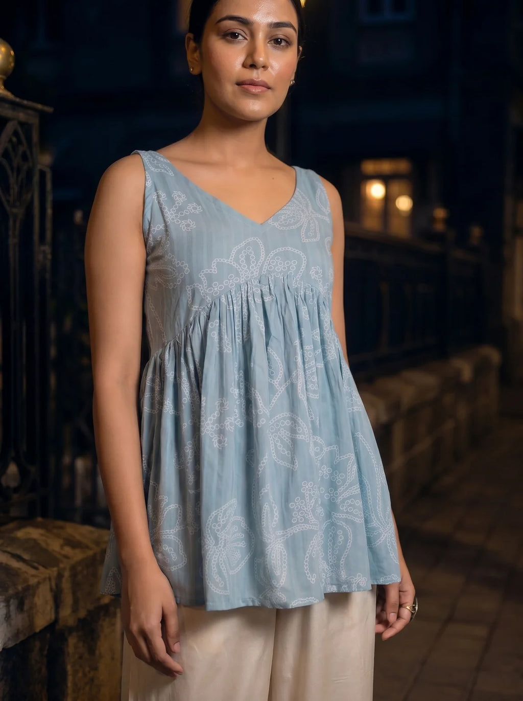 powder blue schiffli top three quarter view