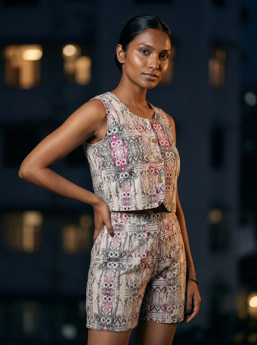 printed sleeveless crop top and shorts co-ord front three quarter
