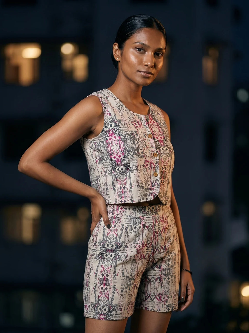 printed sleeveless crop top and shorts co-ord front three quarter